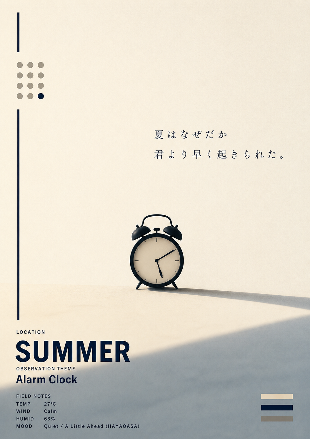 夏の朝、目覚まし時計を描いたグラフィック