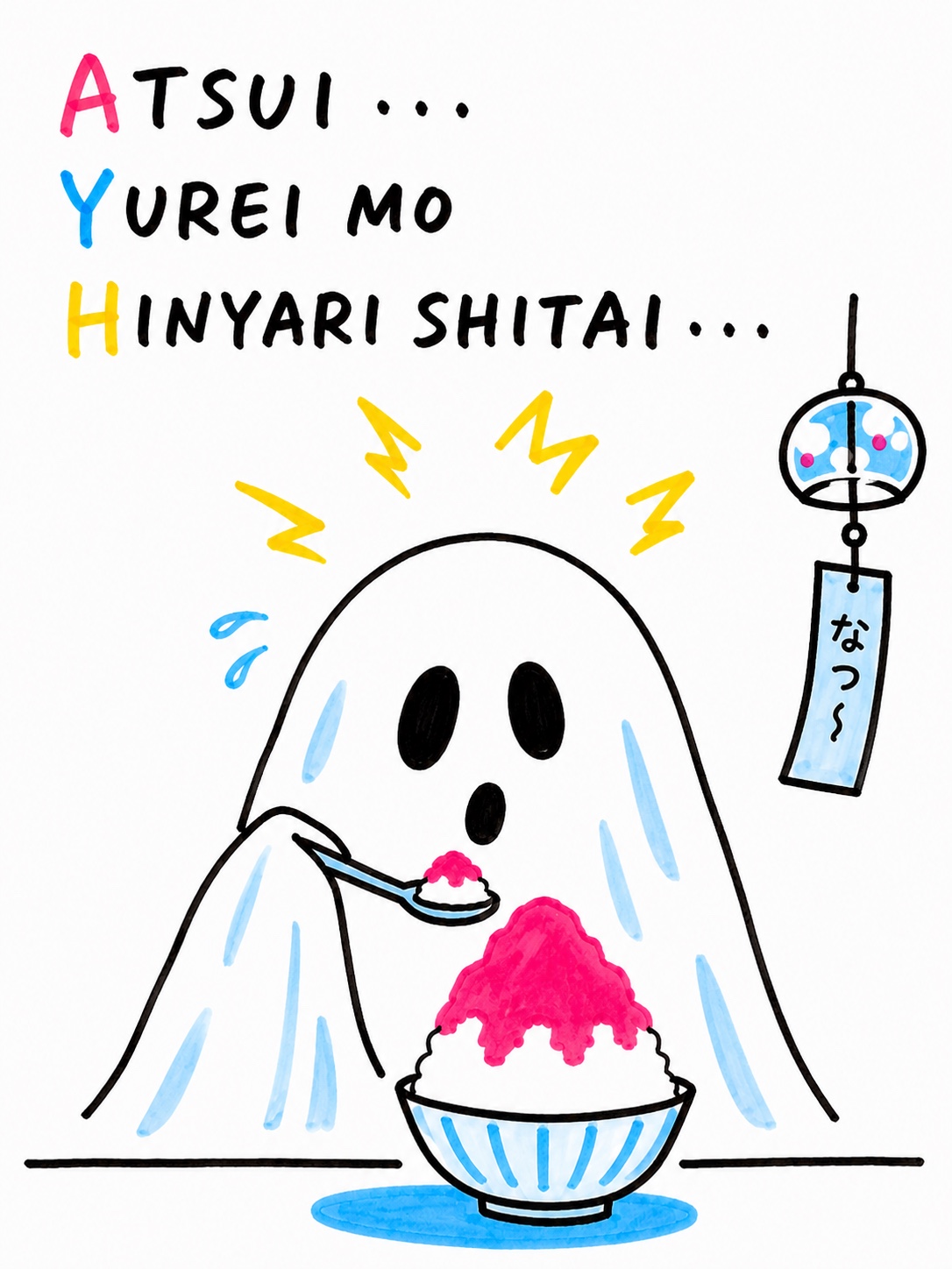 暑さに驚きながらかき氷を食べるおばけのイラスト