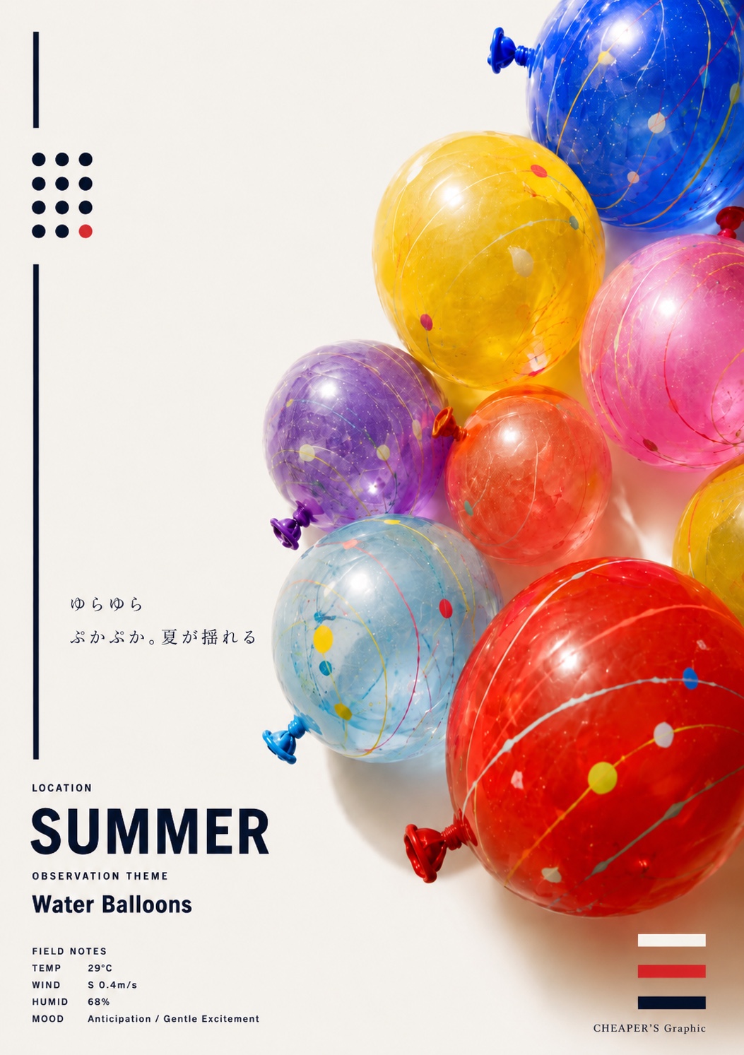 夏の水風船が浮かんで揺れるグラフィック